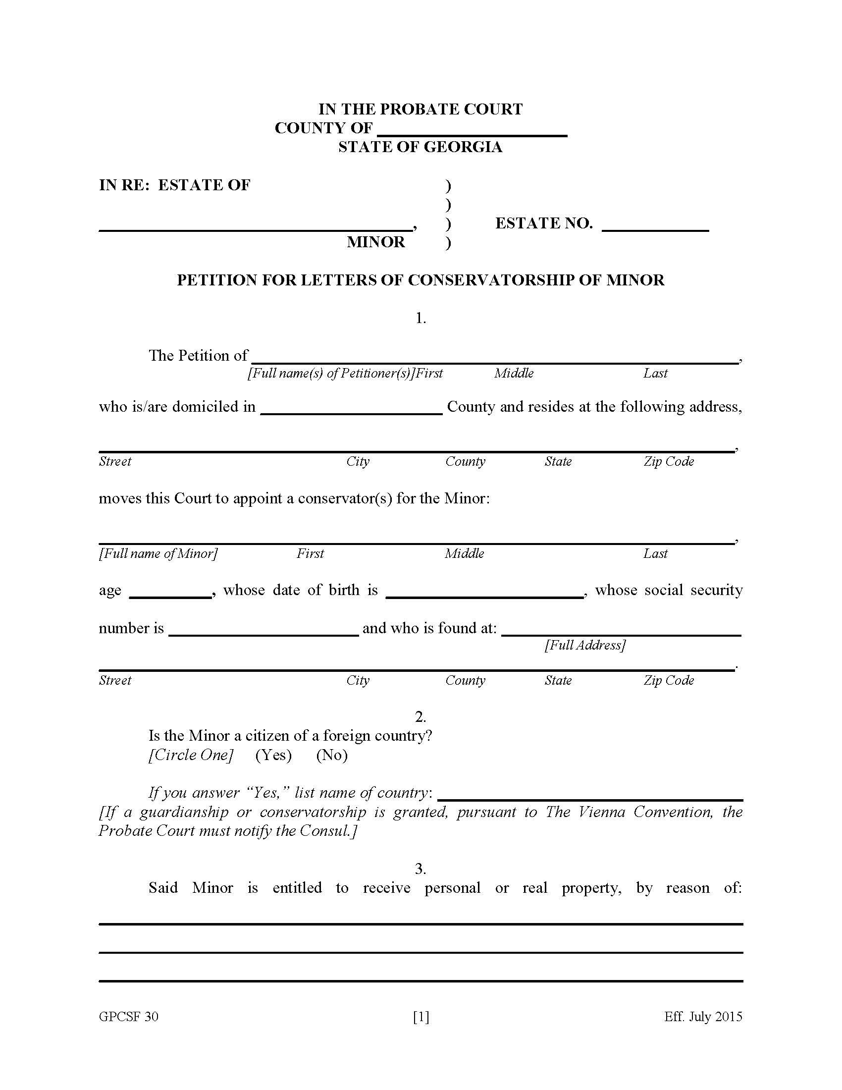 Petition For Letters Of Conservatorship Of Minor {GPCSF 30} | Pdf Fpdf Doc Docx | Georgia