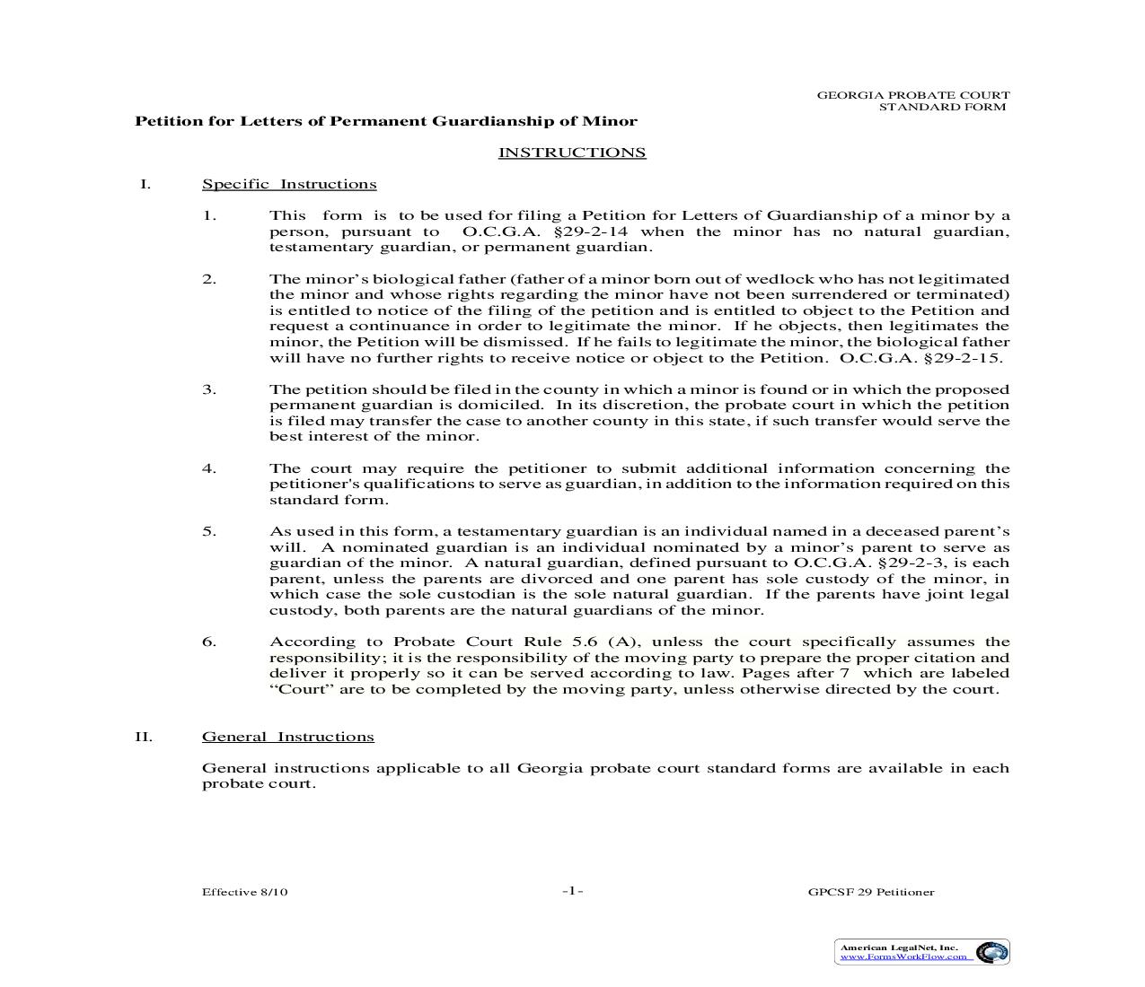 Petition For Letters Of Permanent Guardianship Of Minor {GPCSF 29} | Pdf Fpdf Doc Docx | Georgia