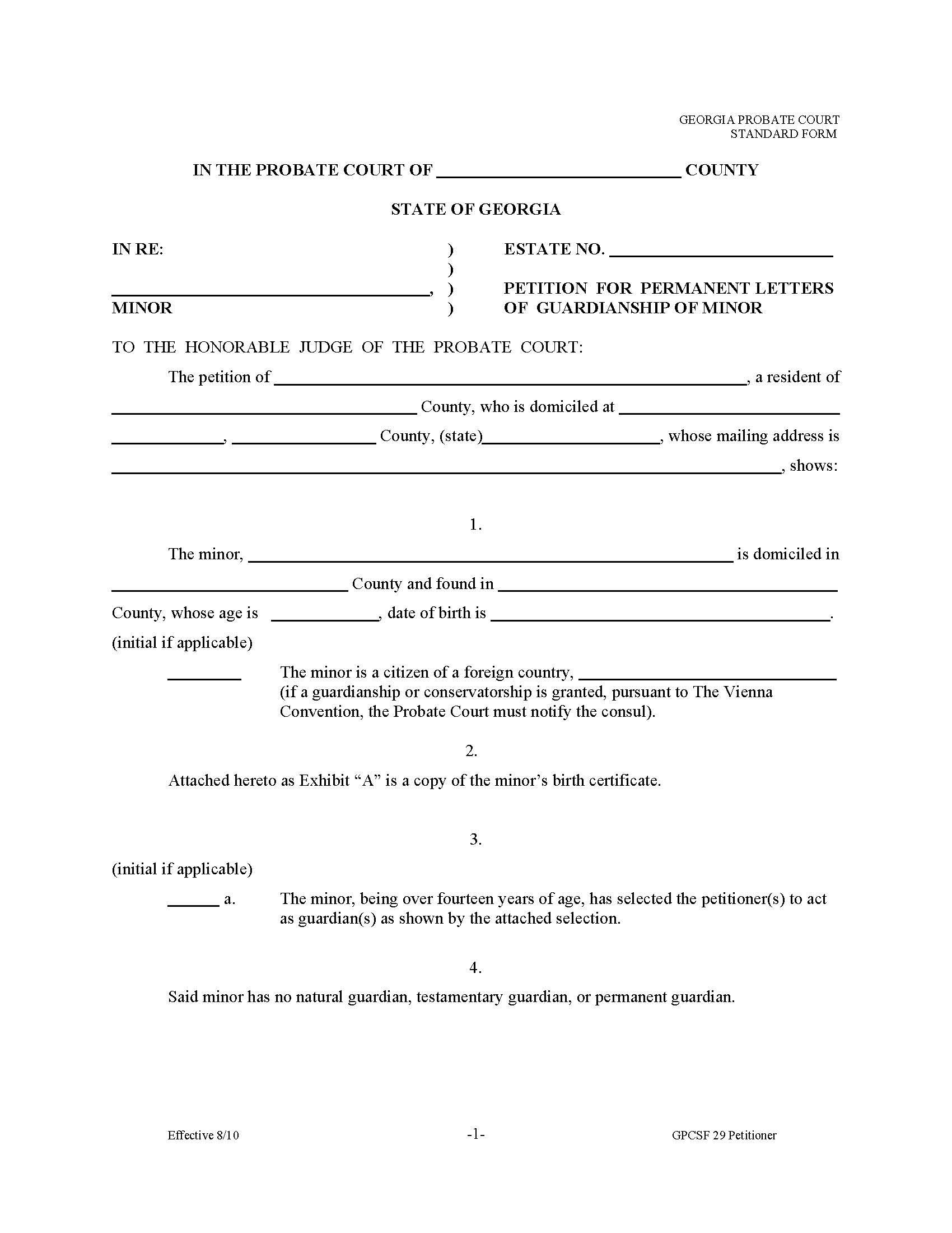 Petition For Letters Of Permanent Guardianship Of Minor {GPCSF 29} | Pdf Fpdf Doc Docx | Georgia