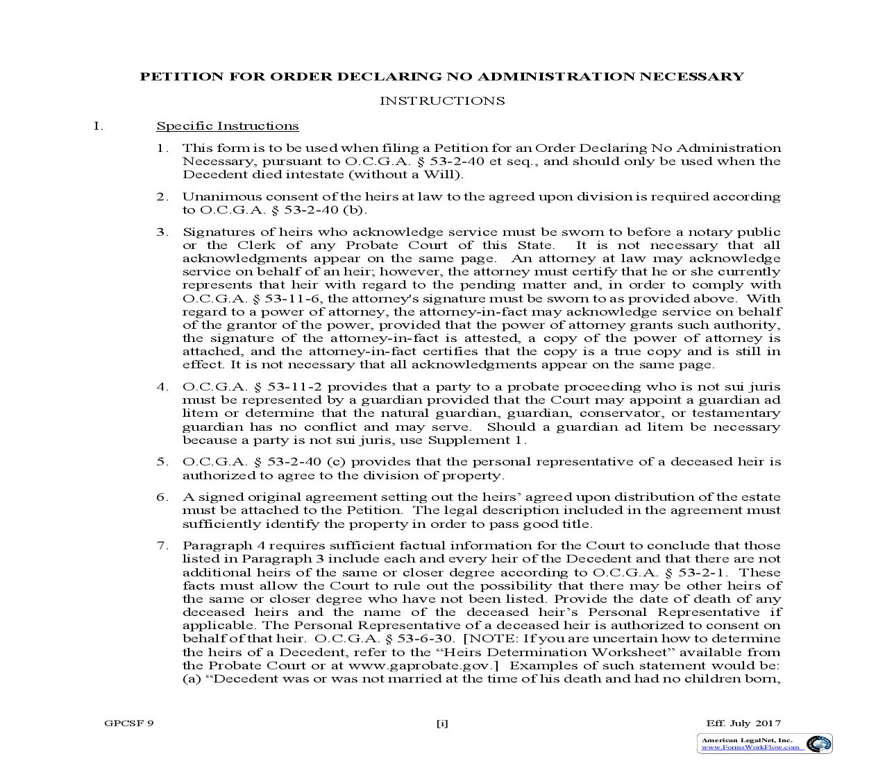 Petition For Order Declaring No Administration Necessary {GPCSF 9} | Pdf Fpdf Doc Docx | Georgia