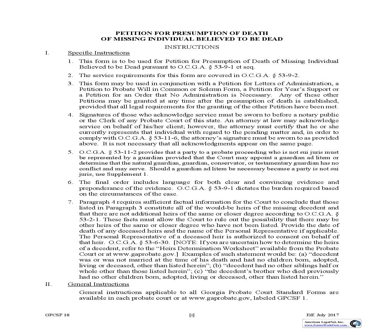 Petition For Presumption Of Death Of Missing Individual Believed To Be Dead {GPCSF 18} | Pdf Fpdf Doc Docx | Georgia