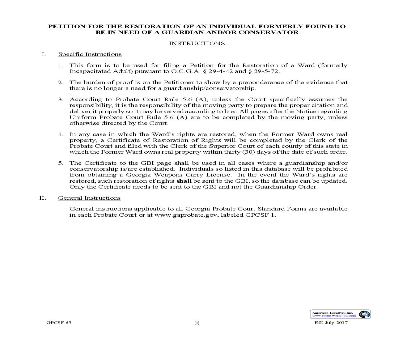 Petition For Restoration Of Individual Found To Be In Need Of A Guardian {GPCSF 65} | Pdf Fpdf Doc Docx | Georgia