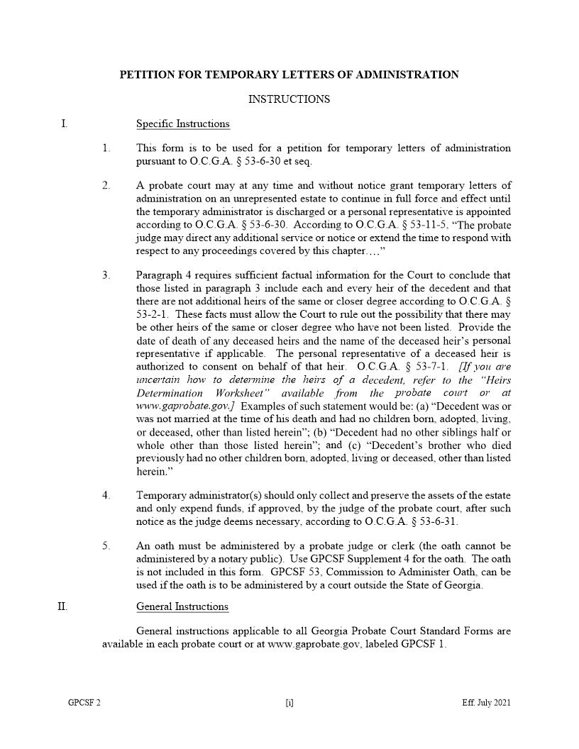 Petition For Temporary Letters Of Administration {GPCSF 2}  | Pdf Fpdf Doc Docx | Georgia