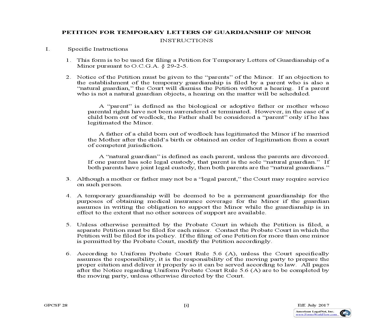 Petition For Temporary Letters Of Guardianship Of Minor {GPCSF 28} | Pdf Fpdf Doc Docx | Georgia