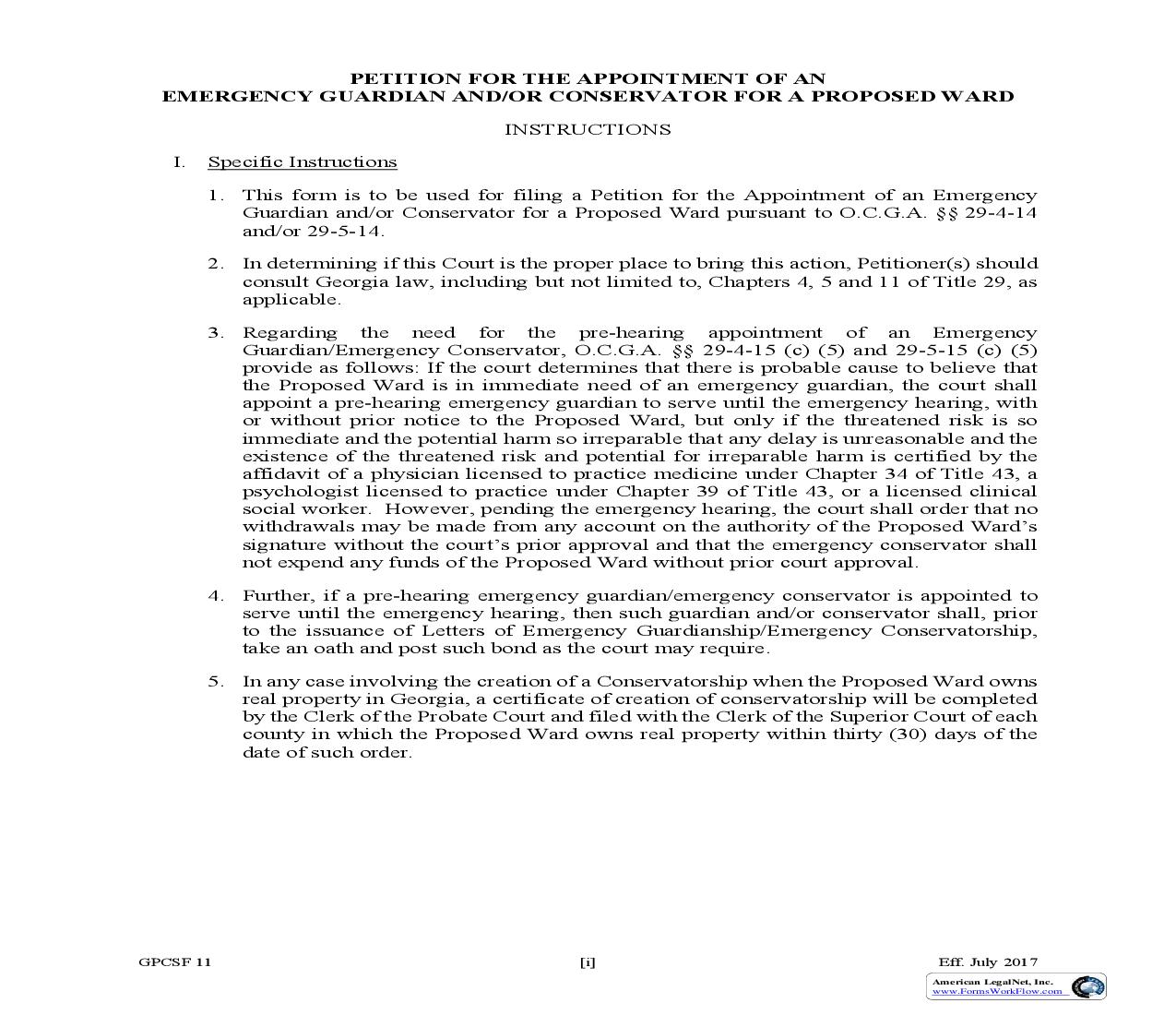 Petition For The Appointment Of Emergency Guardian And Conservator {GPCSF 11} | Pdf Fpdf Doc Docx | Georgia