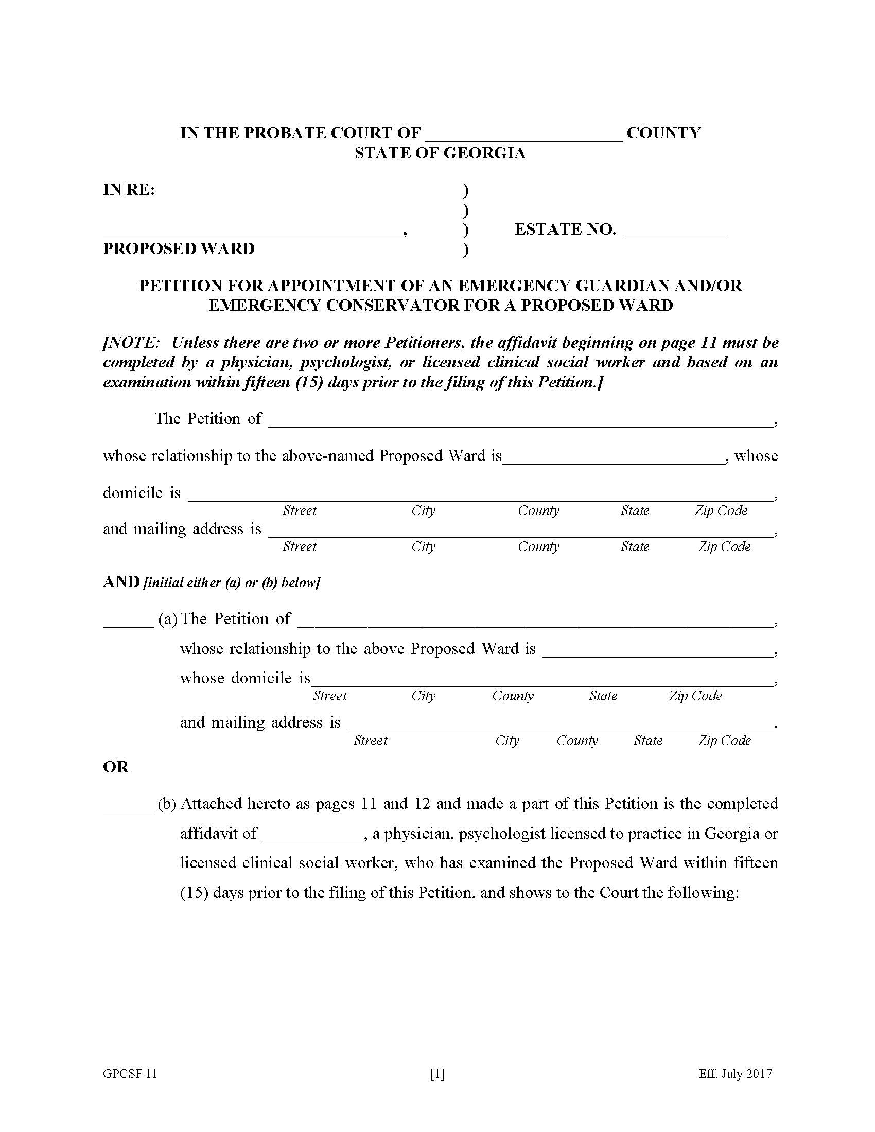 Petition For The Appointment Of Emergency Guardian And Conservator {GPCSF 11} | Pdf Fpdf Doc Docx | Georgia