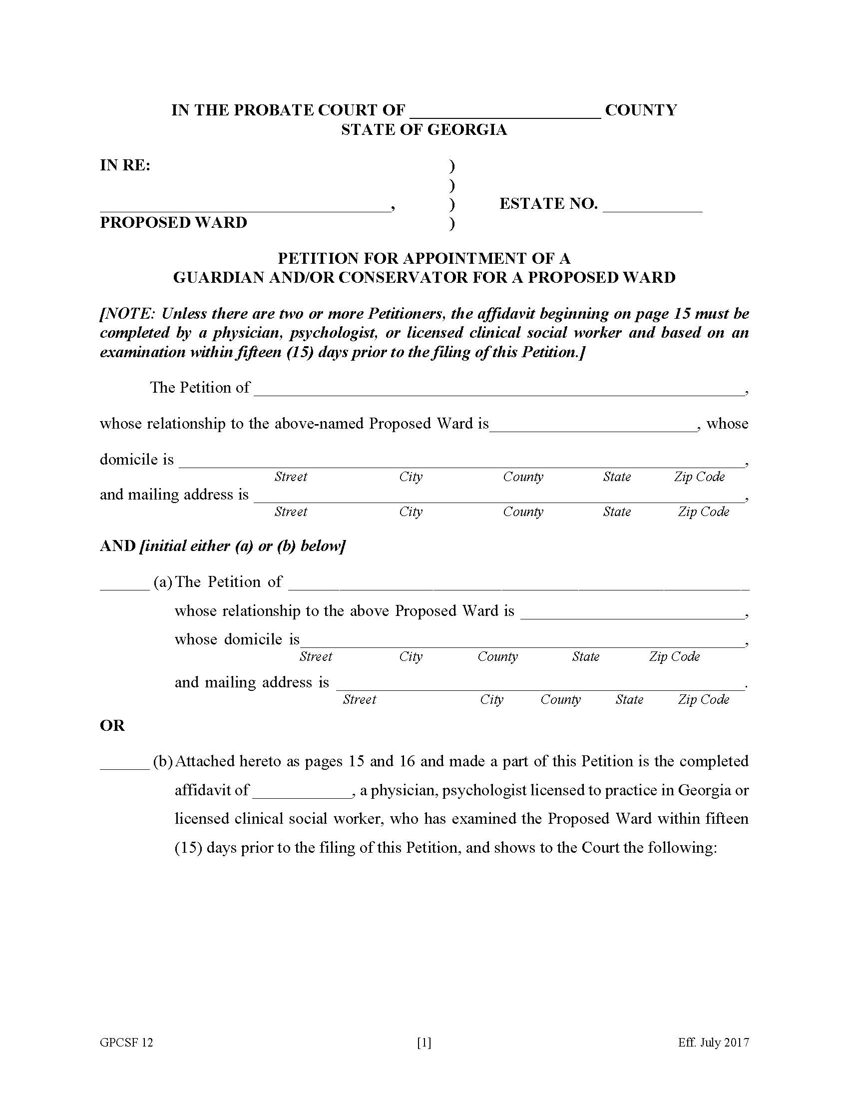 Petition For The Appointment Of Guardian And Conservator For Proposed Ward {GPCSF 12} | Pdf Fpdf Doc Docx | Georgia