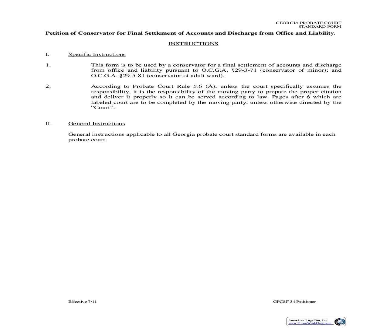 Petition Of Conservator For Final Settlement Of Accounts And Discharge From Office And Liability {GPCSF 34} | Pdf Fpdf Doc Docx | Georgia