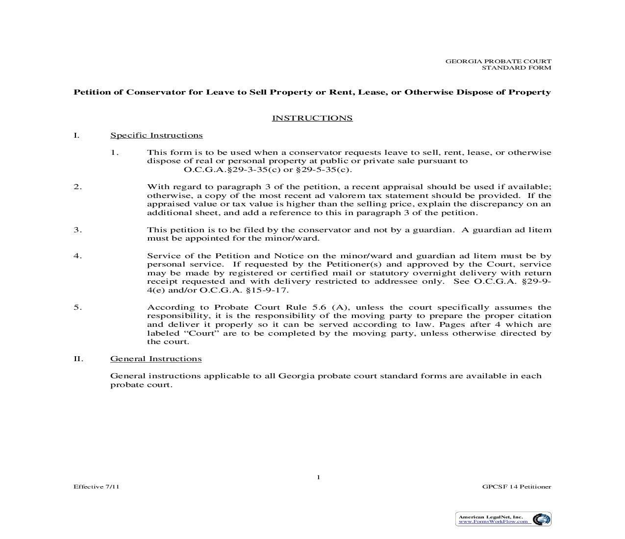Petition Of Conservator For Leave To Sell Property Or Rent Lease Or Otherwise Dispose Of Property {GPCSF 14} | Pdf Fpdf Doc Docx | Georgia