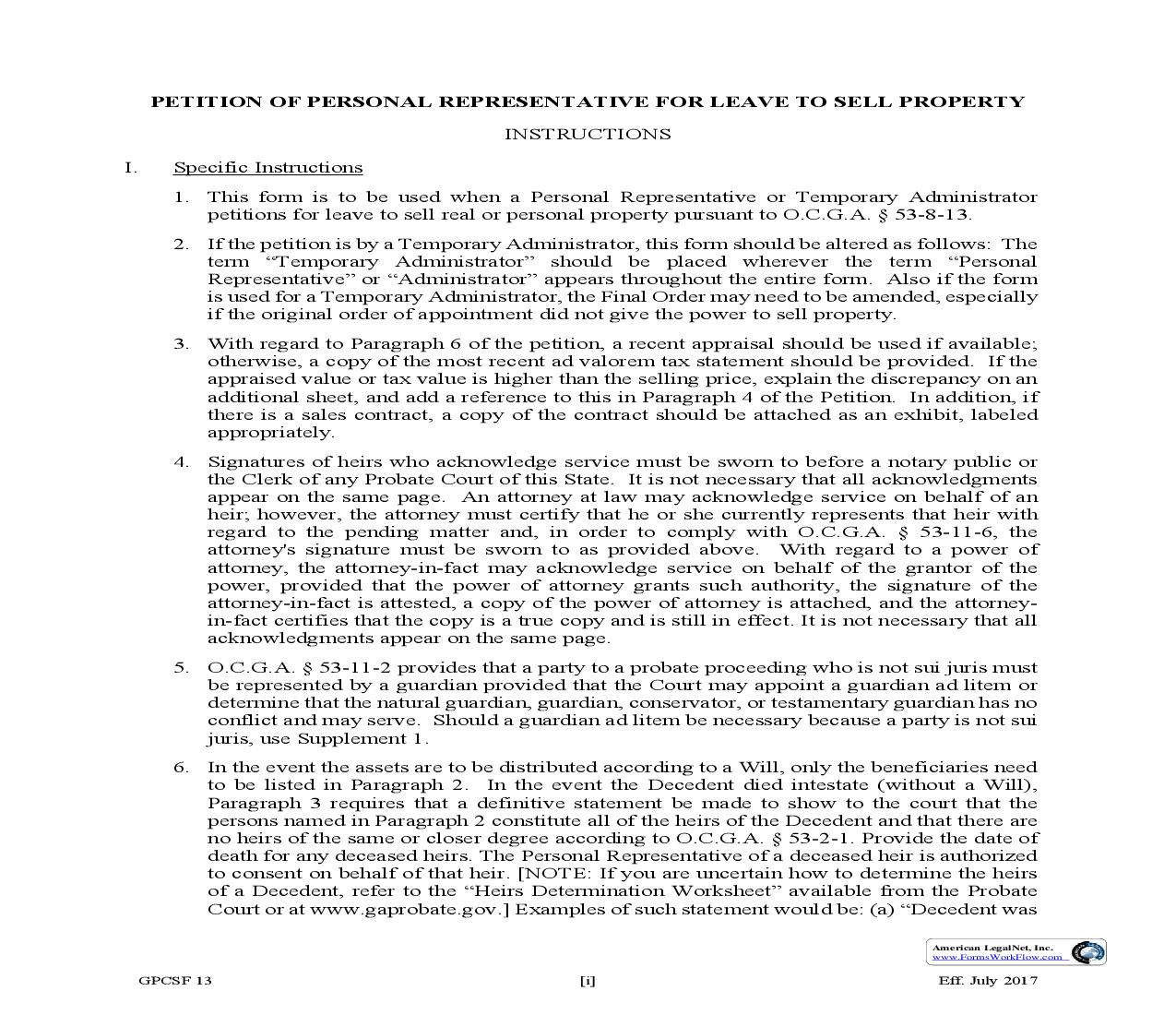 Petition Of Personal Representative For Leave To Sell Property {GPCSF 13} | Pdf Fpdf Doc Docx | Georgia