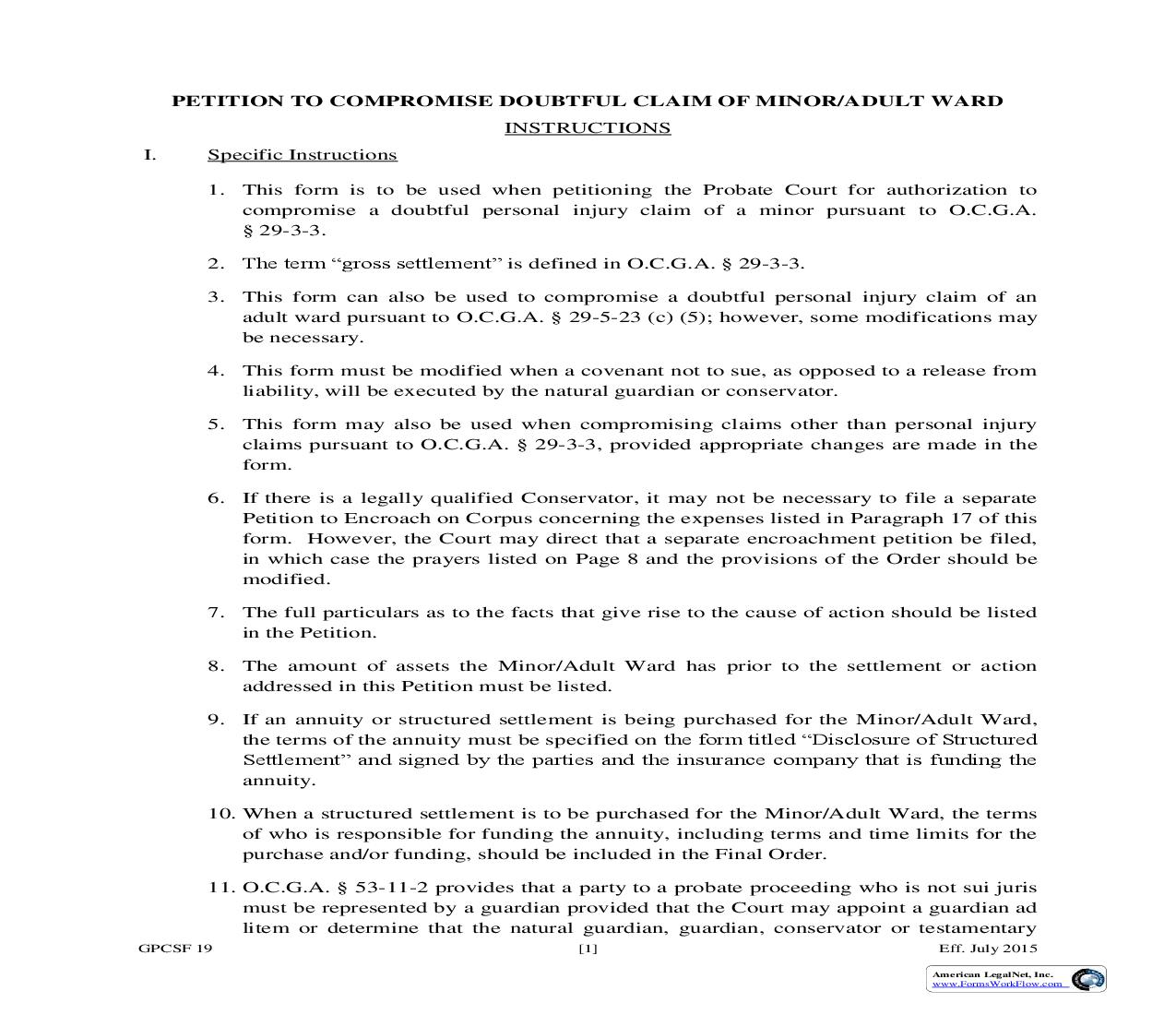 Petition To Compromise Doubtful Claim Of Minor Or Ward {GPCSF 19} | Pdf Fpdf Doc Docx | Georgia