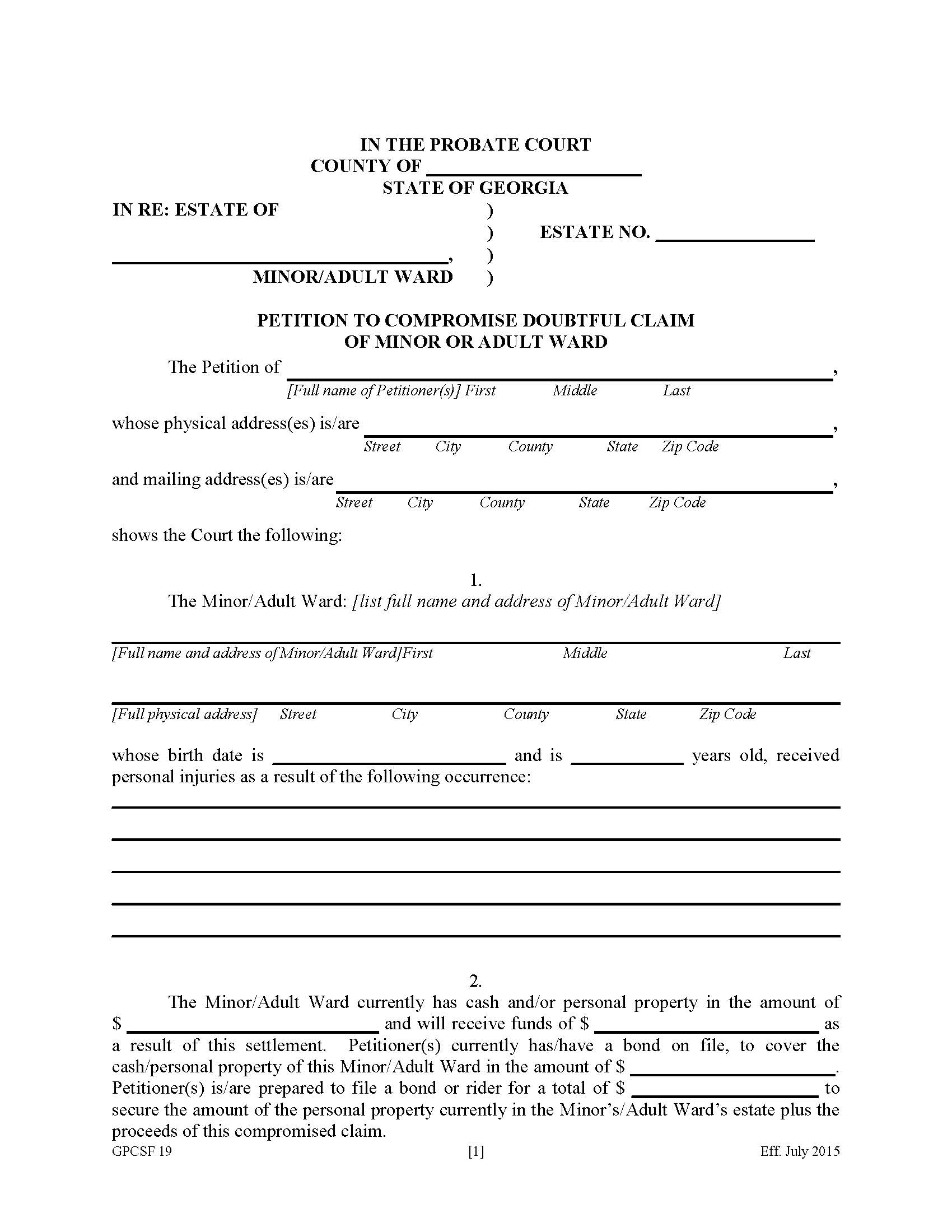Petition To Compromise Doubtful Claim Of Minor Or Ward {GPCSF 19} | Pdf Fpdf Doc Docx | Georgia