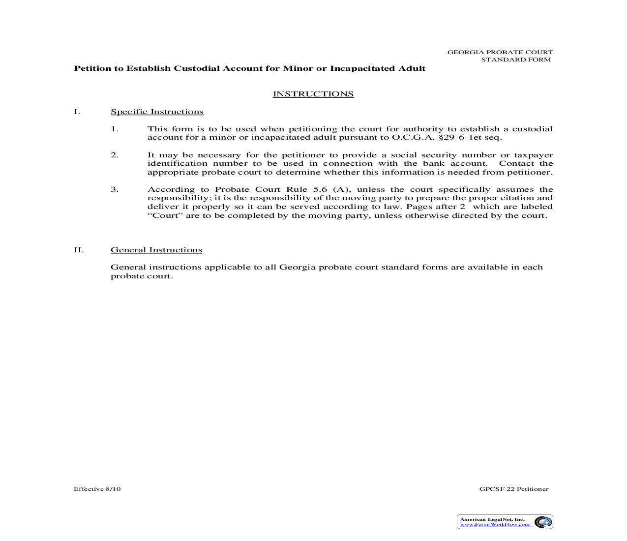 Petition To Establish Custodial Account For Minor Or Incapacitated Adult {GPCSF 22} | Pdf Fpdf Doc Docx | Georgia