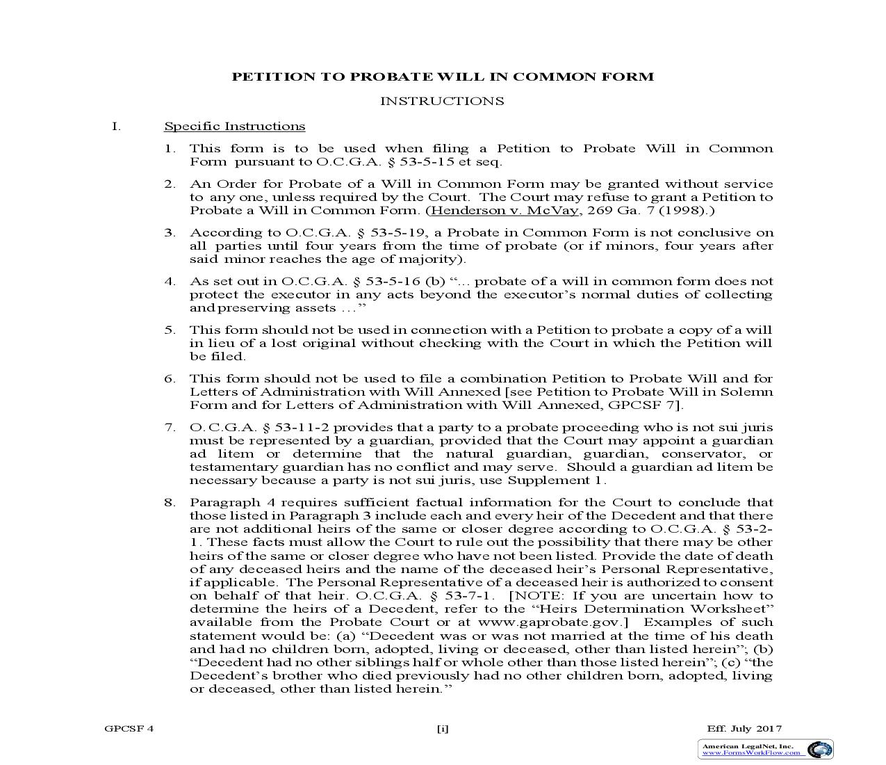 Petition To Probate Will In Common Form {GPCSF 4} | Pdf Fpdf Doc Docx | Georgia