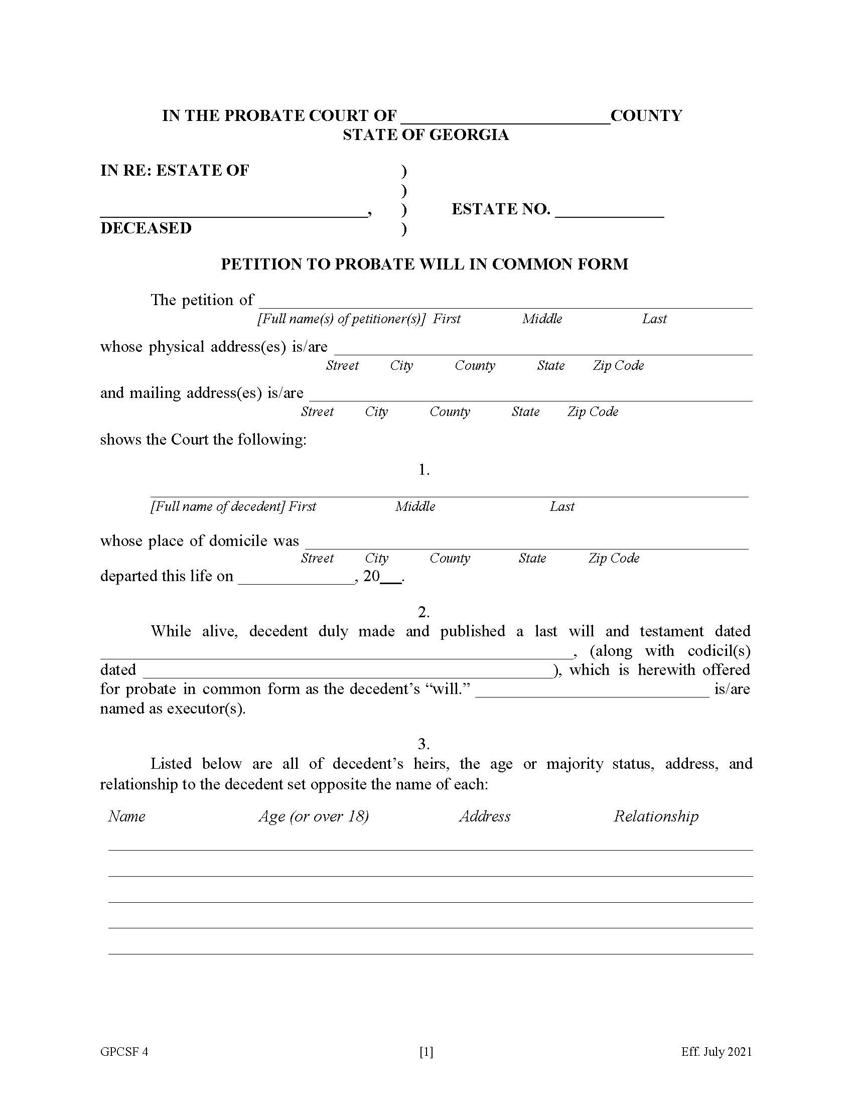 Petition To Probate Will In Common Form {GPCSF 4} | Pdf Fpdf Doc Docx | Georgia