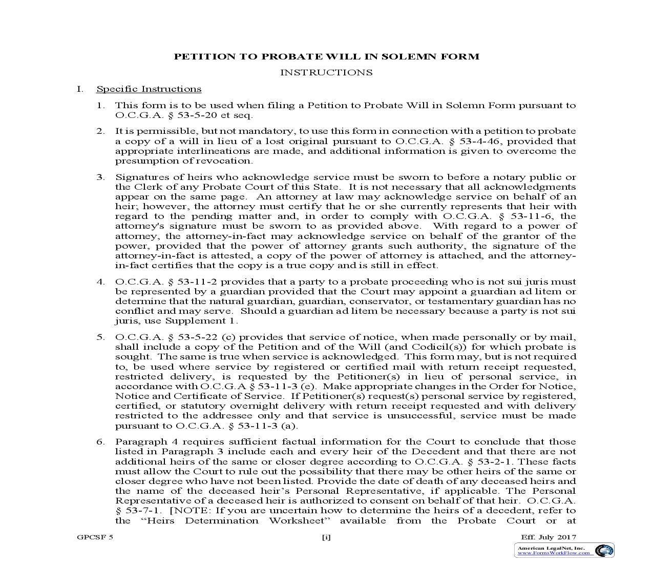 Petition To Probate Will In Solemn Form {GPCSF 5} | Pdf Fpdf Doc Docx | Georgia