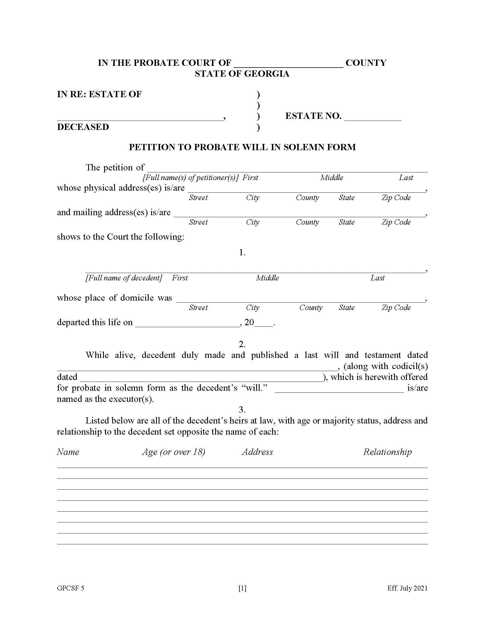 Petition To Probate Will In Solemn Form {GPCSF 5} | Pdf Fpdf Doc Docx | Georgia
