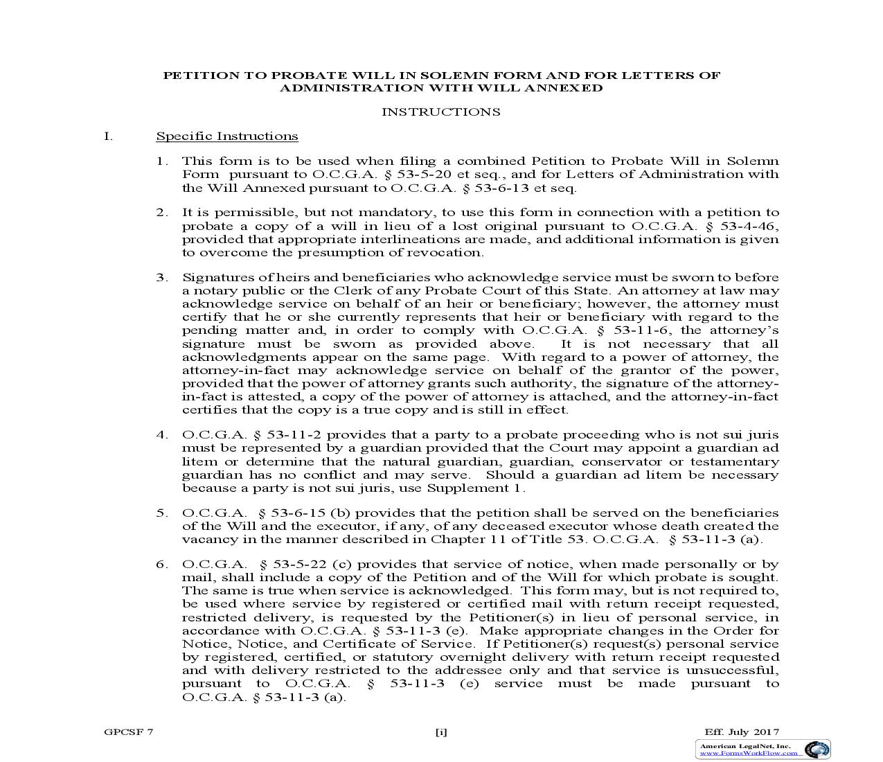 Petition To Probate Will In Solemn Form And For Lettters Of Administration {GPCSF 7} | Pdf Fpdf Doc Docx | Georgia