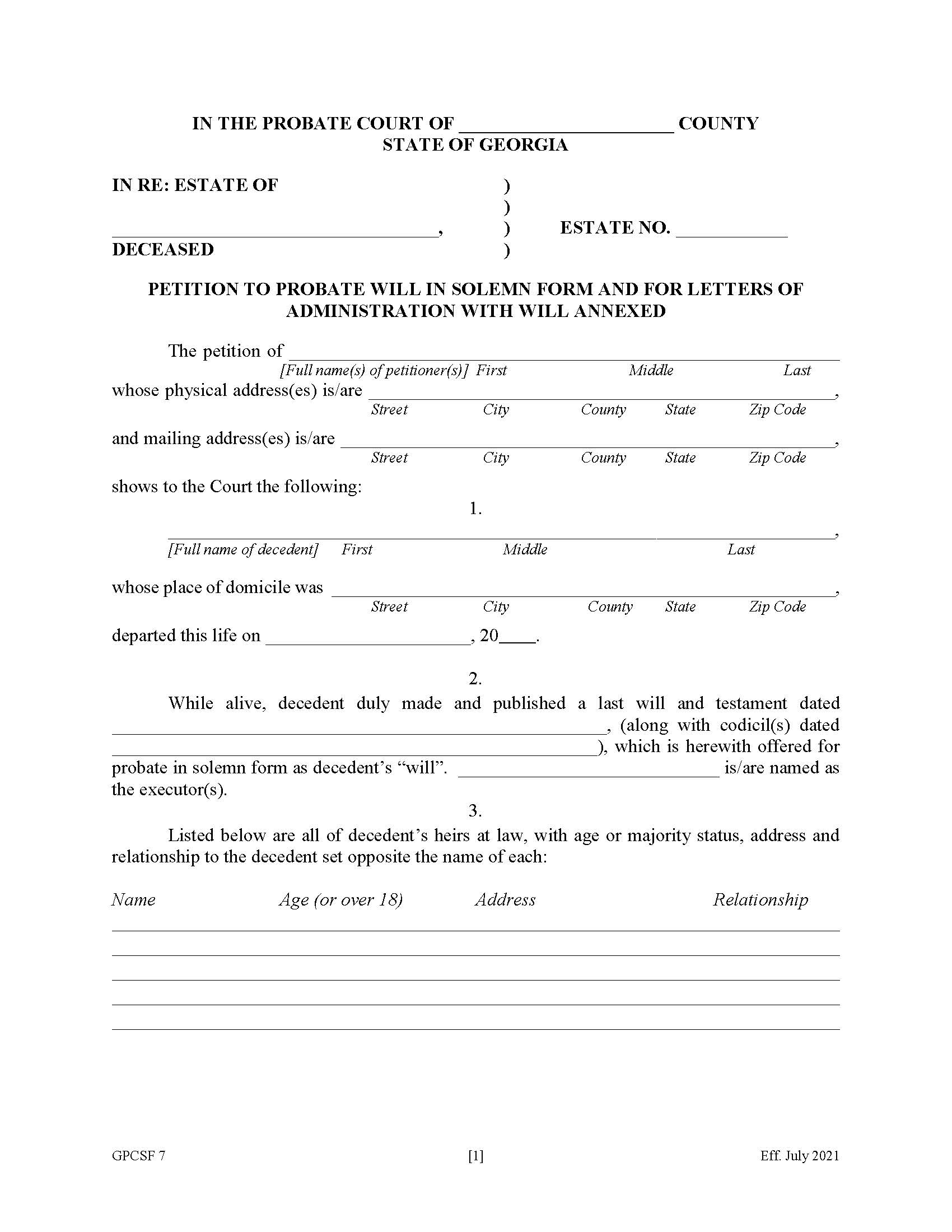 Petition To Probate Will In Solemn Form And For Lettters Of Administration {GPCSF 7} | Pdf Fpdf Doc Docx | Georgia