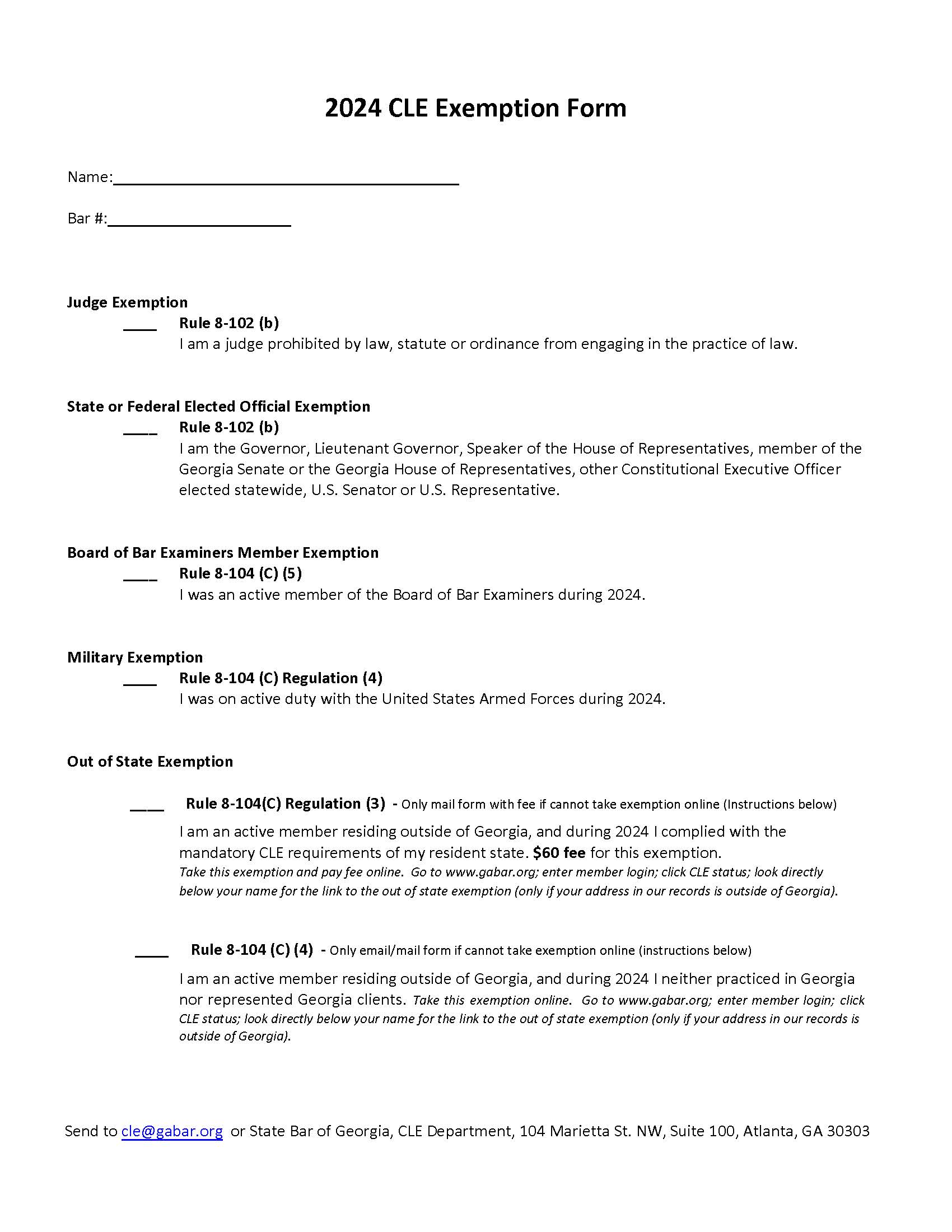 CLE Exemption | Pdf Fpdf Docx | Georgia