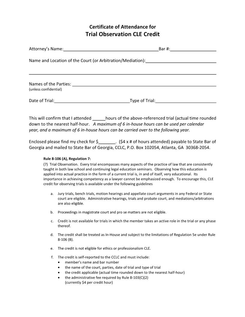 Certificate Of Attendance For Trial Observation CLE Credit | Pdf Fpdf Doc Docx | Georgia