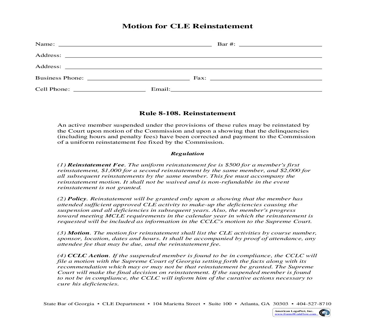 Motion For CLE Reinstatement {10} | Pdf Fpdf Doc Docx | Georgia