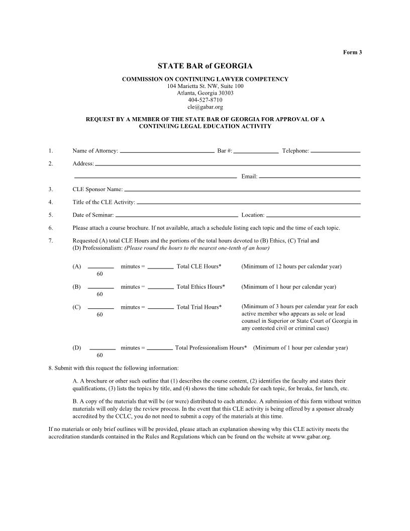 Request By Member Of State Bar Of Georgia For Approval Of CLE Activity {3} | Pdf Fpdf Docx | Georgia