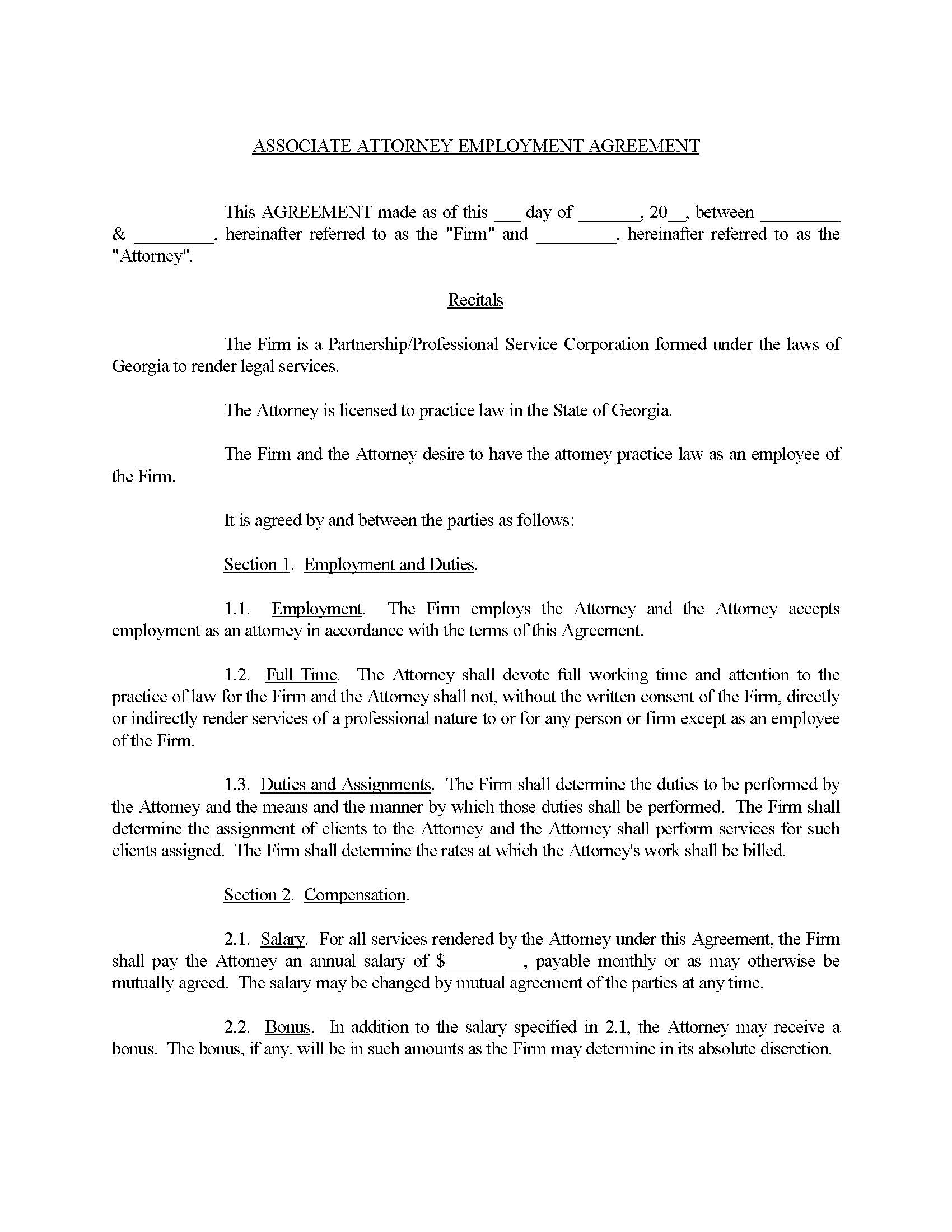 Associate Attorney Employment Agreement | Pdf Fpdf Doc Docx | Georgia