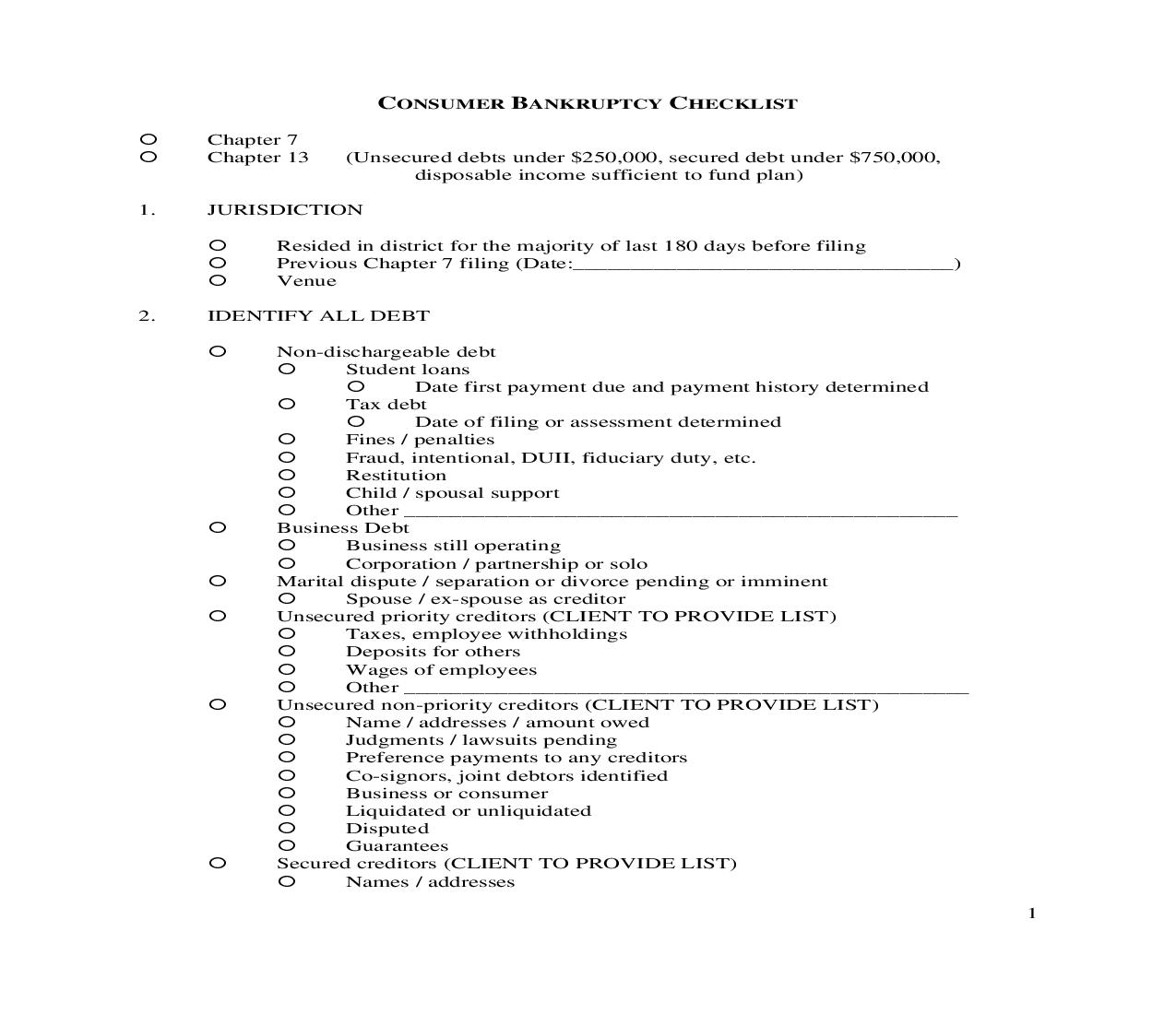 Consumer Bankruptcy Checklist | Pdf Fpdf Doc Docx | Georgia