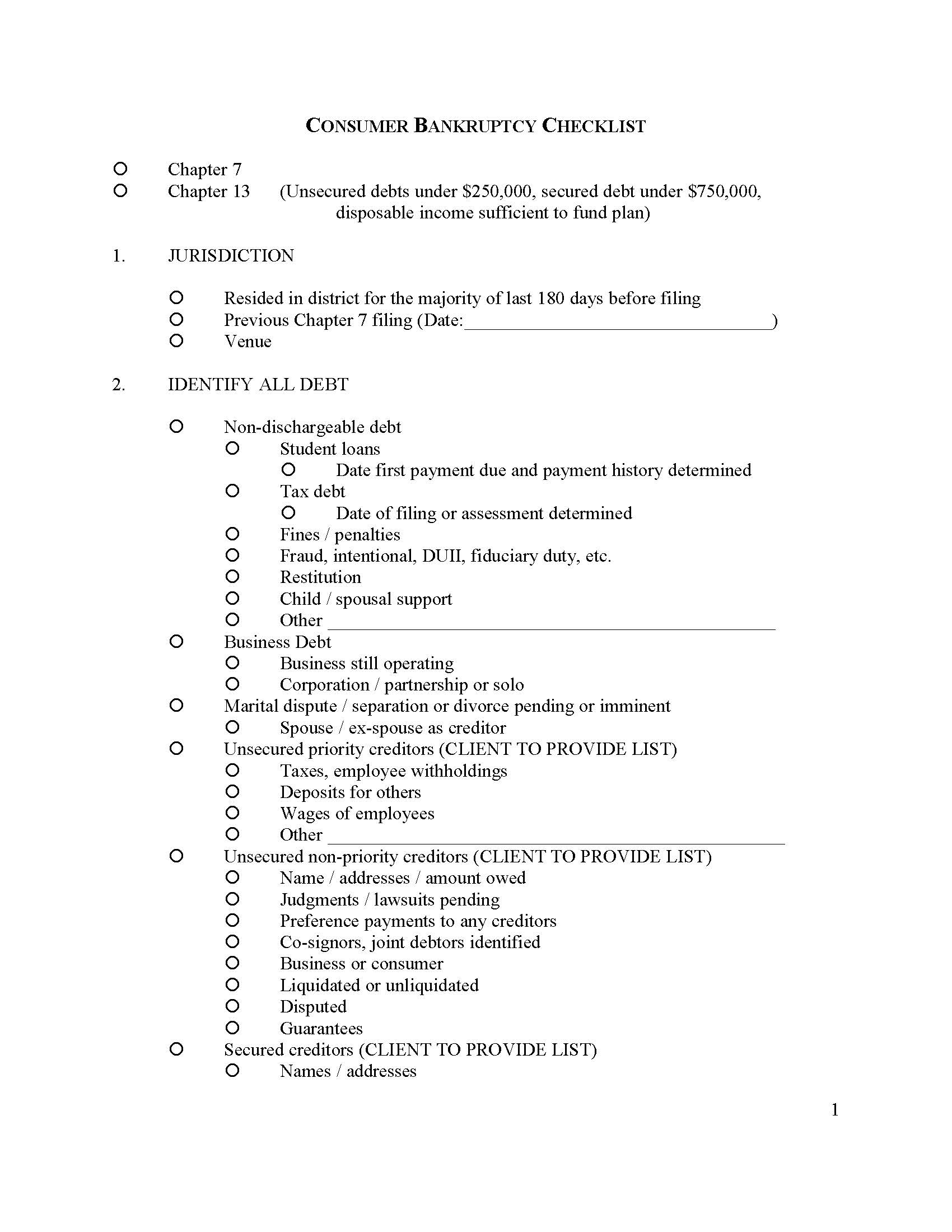 Consumer Bankruptcy Checklist | Pdf Fpdf Doc Docx | Georgia