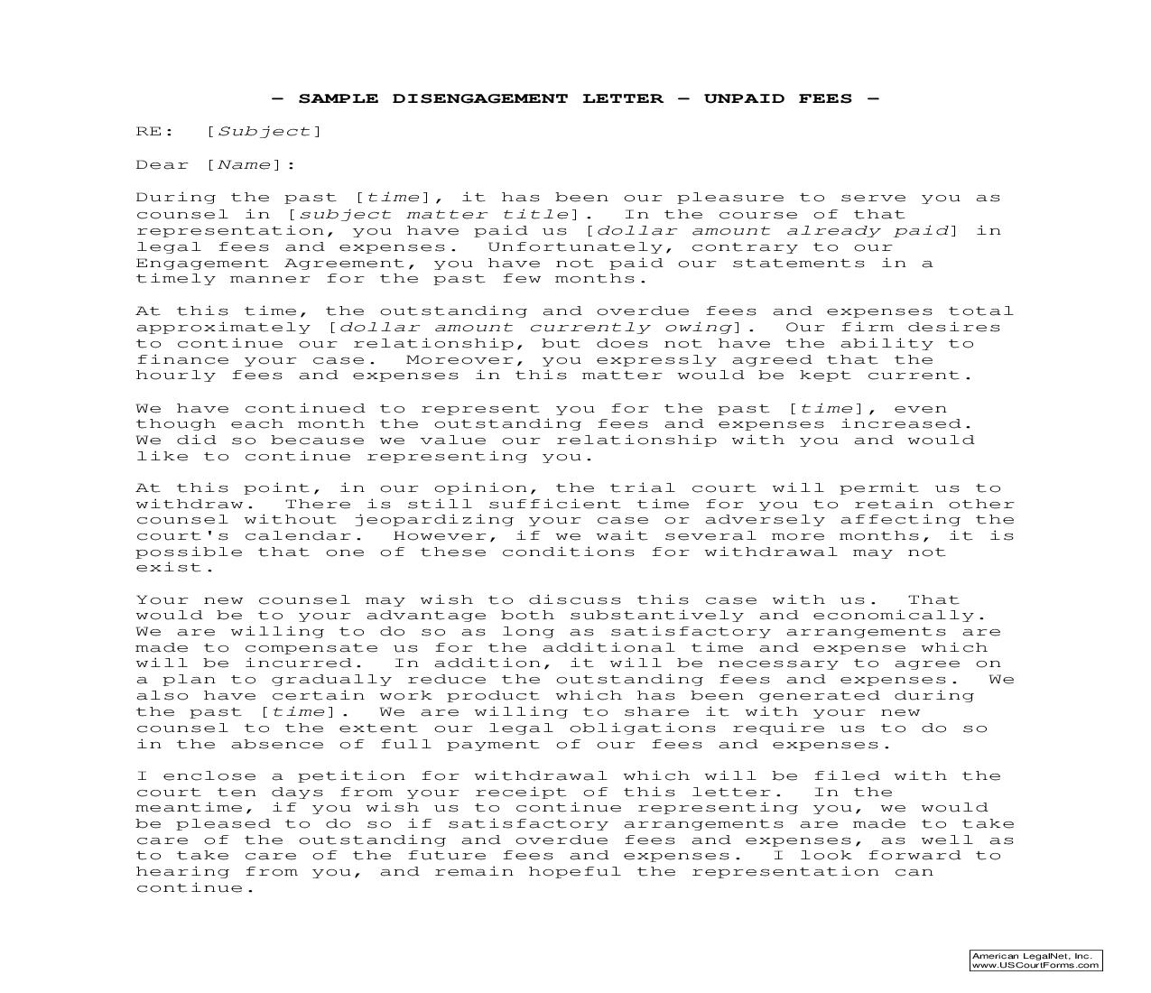 Disengagement Letter - Unpaid Fees (Sample And Form) | Pdf Fpdf Doc Docx | Georgia