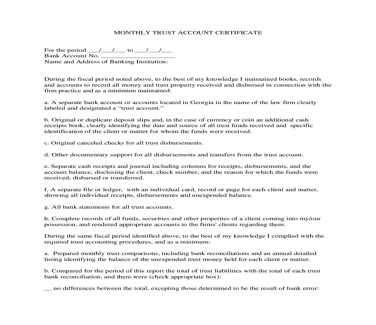 Monthly Trust Account Certificate | Pdf Fpdf Doc Docx | Georgia