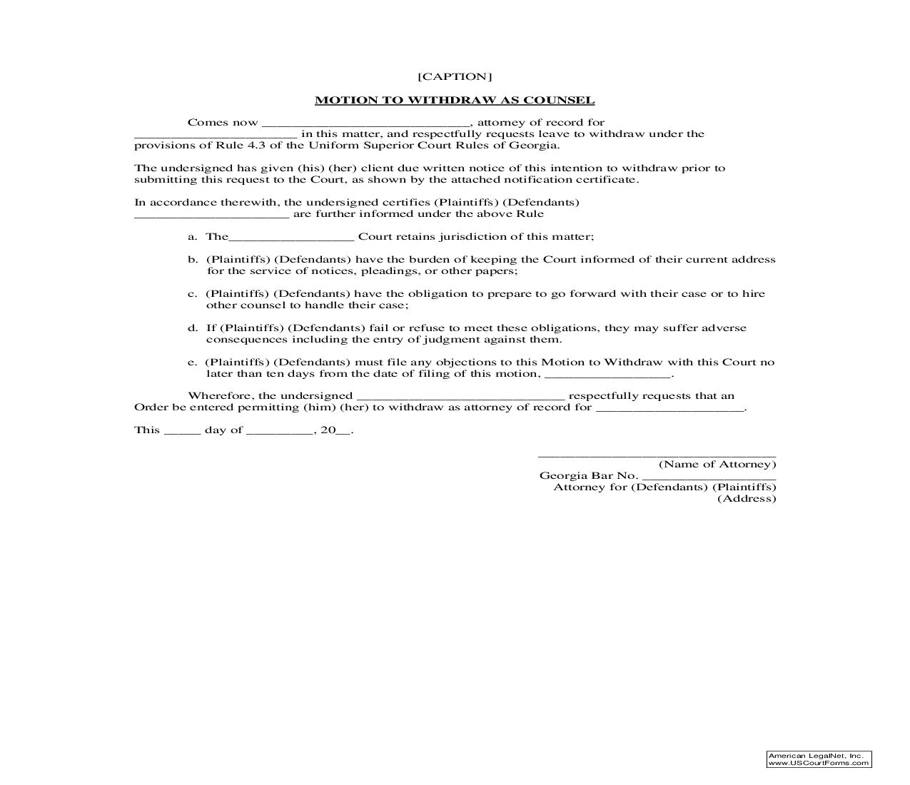 Motion To Withdraw As Counsel | Pdf Fpdf Doc Docx | Georgia