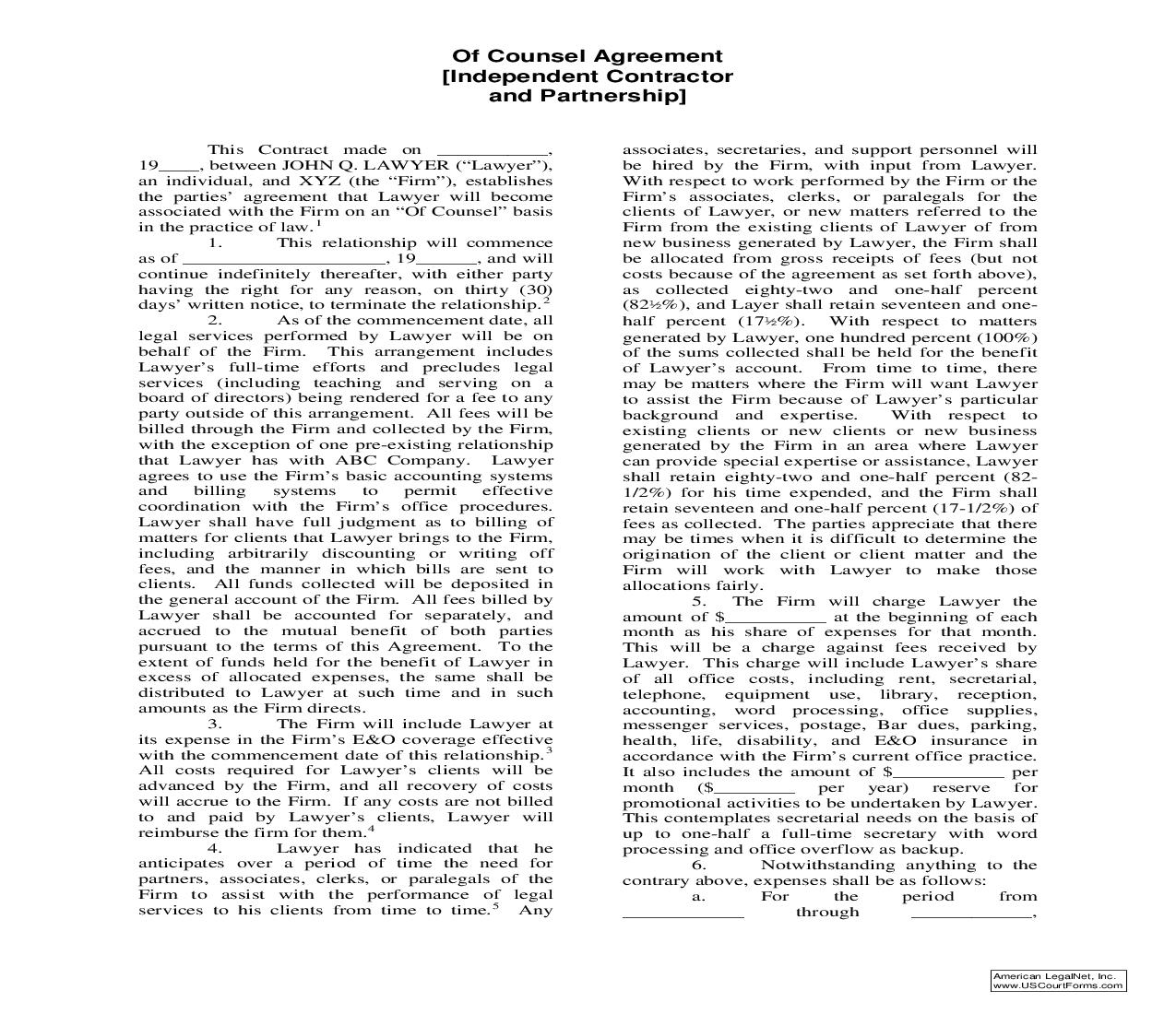 Of Counsel Agreement (Independent Contractor And Partnership) | Pdf Fpdf Doc Docx | Georgia