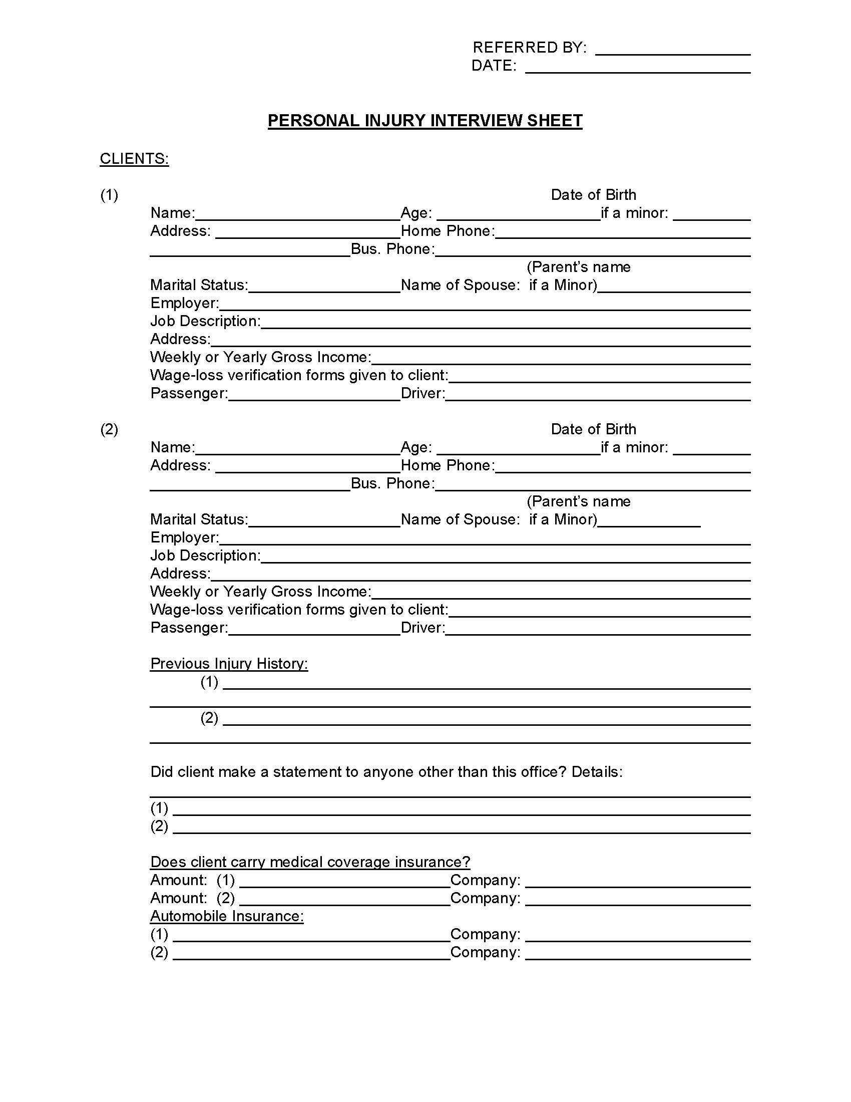 Personal Injury (Client) Interview Sheet | Pdf Fpdf Doc Docx | Georgia