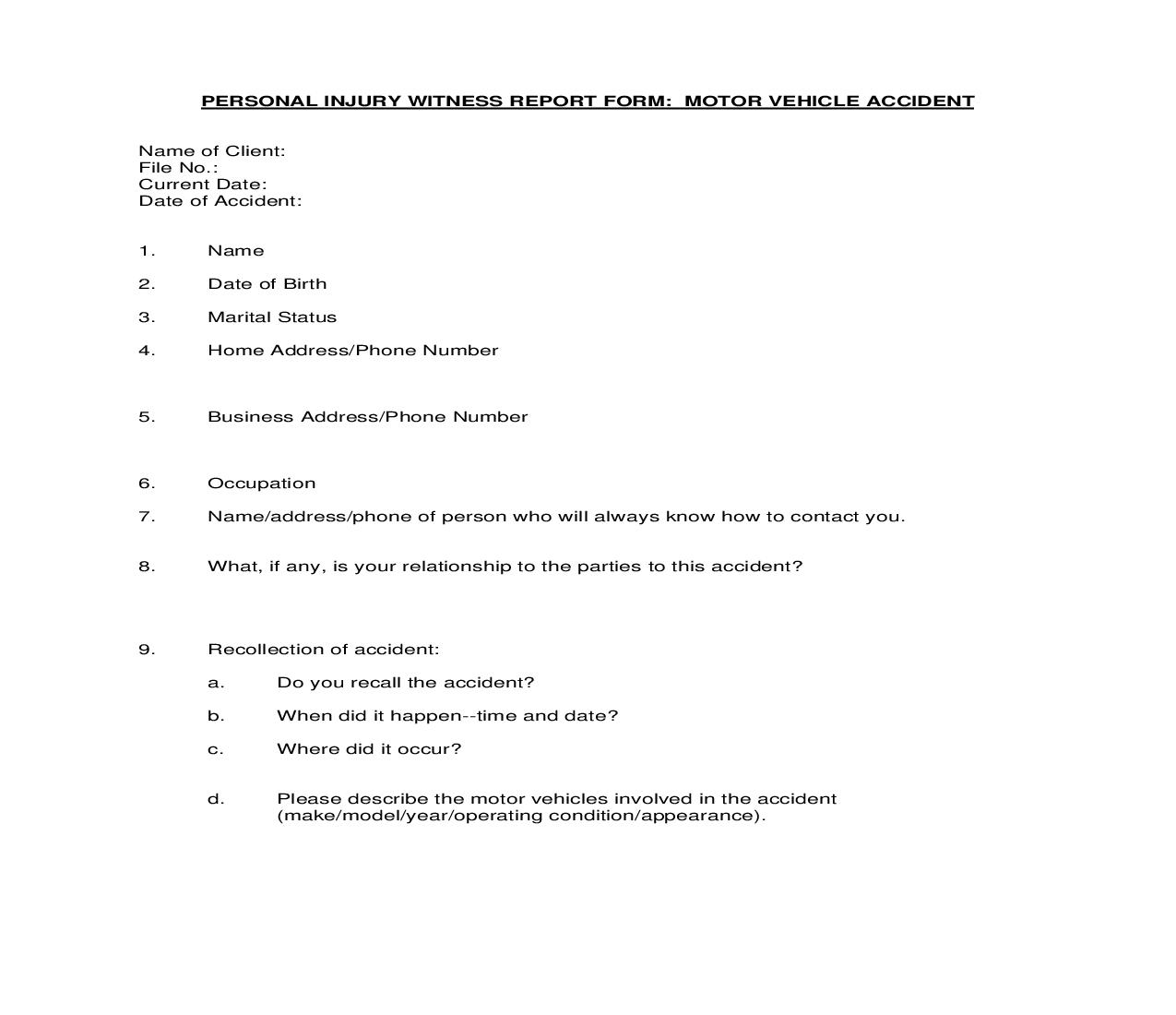 Personal Injury Witness Report Form - Motor Vehicle Accident | Pdf Fpdf Doc Docx | Georgia