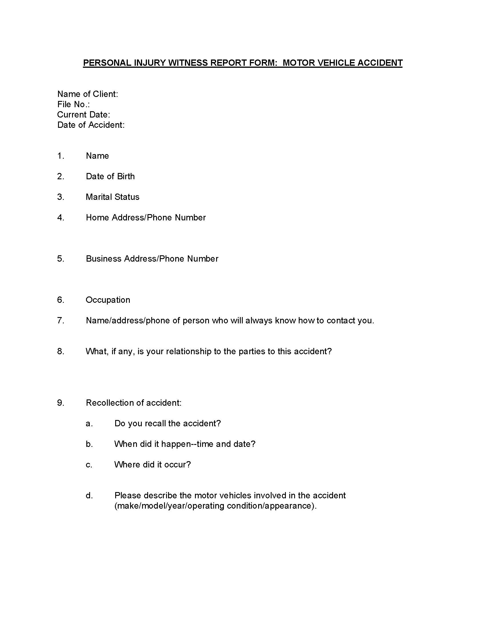 Personal Injury Witness Report Form - Motor Vehicle Accident | Pdf Fpdf Doc Docx | Georgia