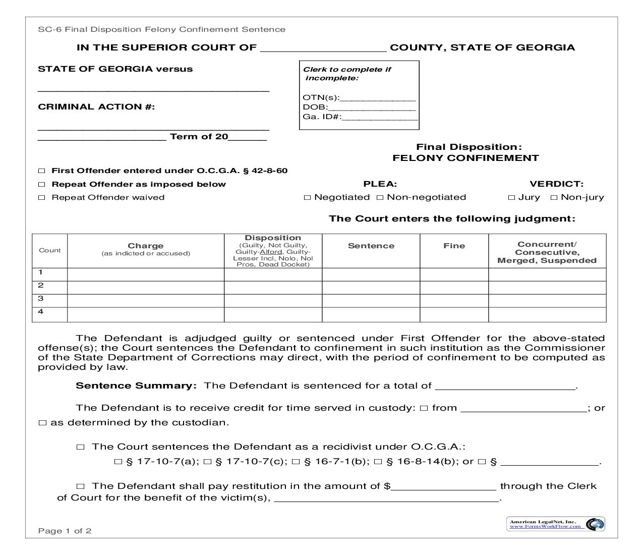 Final Disposition Felony Confinement {SC-6} | Pdf Fpdf Doc Docx | Georgia