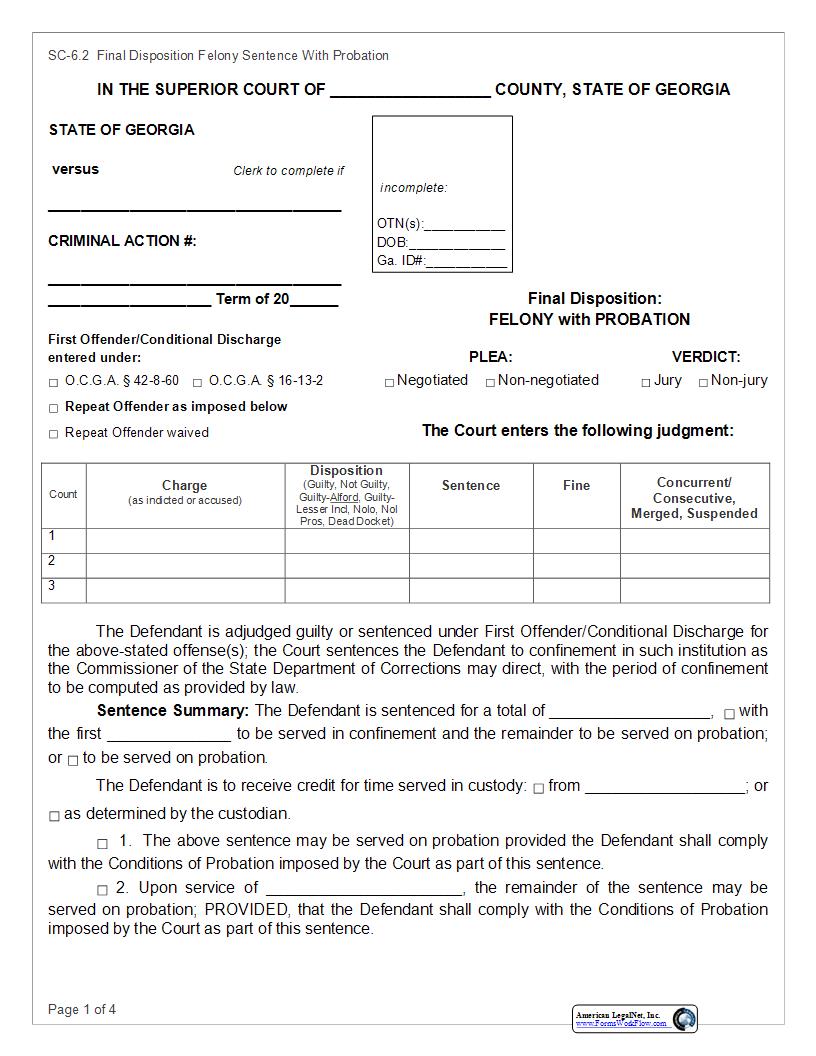 Final Disposition Felony With Probation {SC-6.2} | Pdf Fpdf Docx | Georgia