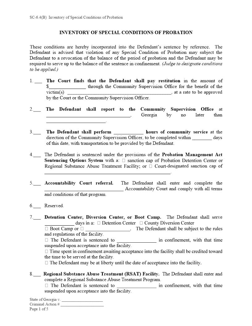 Inventory Of Special Conditions Of Probation {SC-6.4(B)} | Pdf Fpdf Doc Docx | Georgia