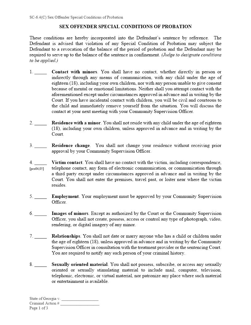 Sex Offender Special Conditions Of Probation {SC-6.4(C)} | Pdf Fpdf Doc Docx | Georgia