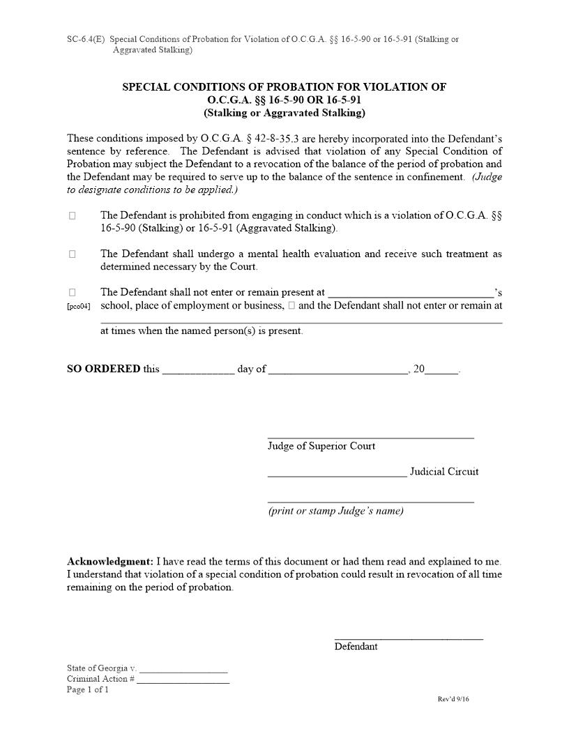 Special Conditions Of Probation For Violation Of Stalking Or Aggravated Stalking {SC-6.4(E)} | Pdf Fpdf Doc Docx | Georgia