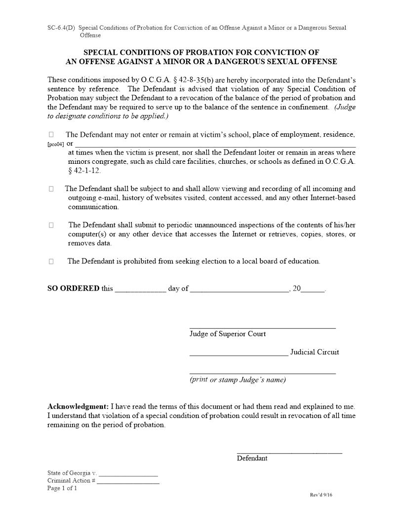Special Probation Against A Minor Or A Dangersous Sexual Offense {SC-6.4(D)} | Pdf Fpdf Doc Docx | Georgia