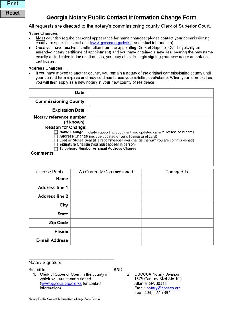 Notary Public  Contact Information Change Form | Pdf Fpdf Doc Docx | Georgia