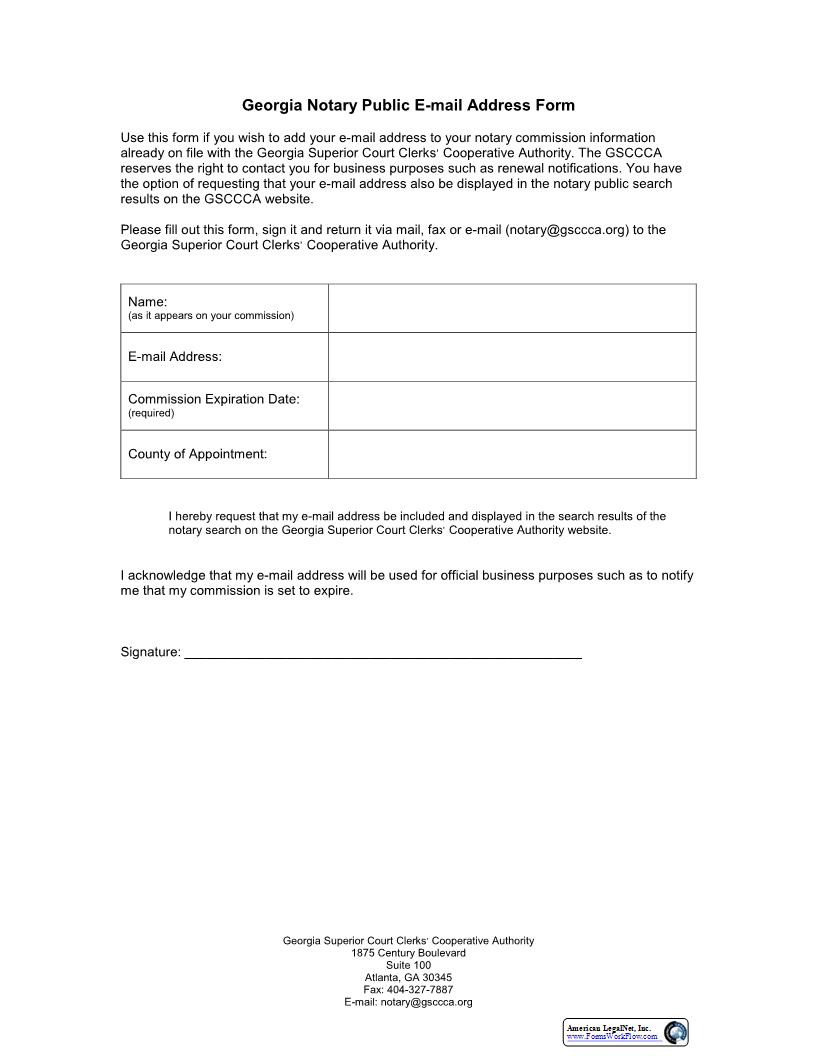 Notary Public E-Mail Address Form | Pdf Fpdf Docx | Georgia