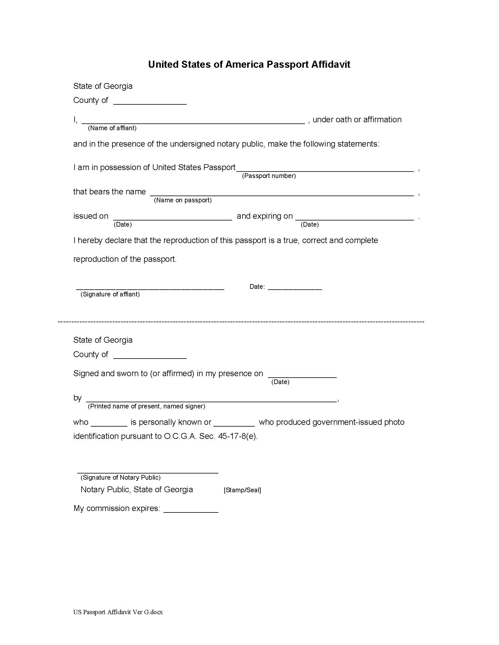United States Passport Affidavit | Pdf Fpdf Doc Docx | Georgia