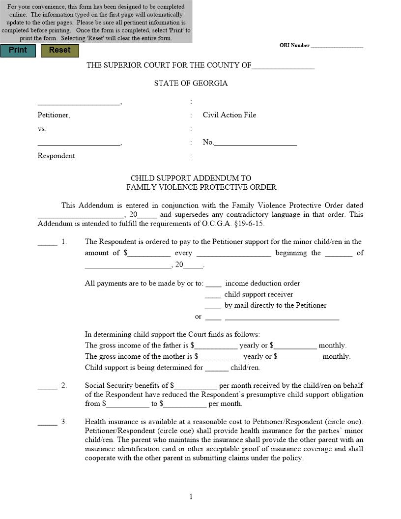Child Support Addendum To Family Violence Protective Order | Pdf Fpdf Docx | Georgia
