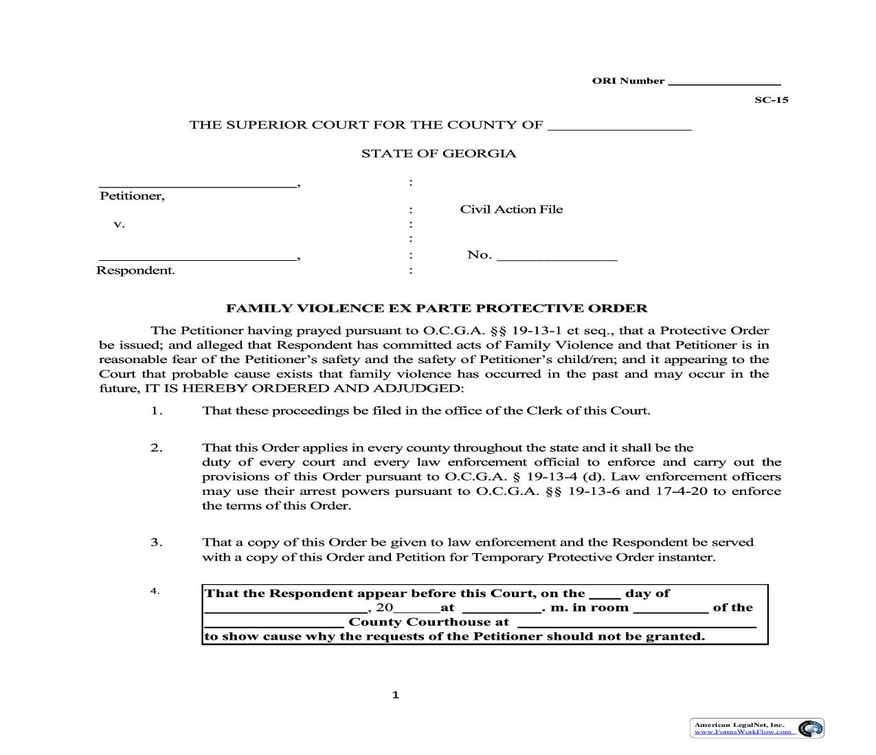 Family Violence Ex Parte Protective Order | Pdf Fpdf Doc Docx | Georgia