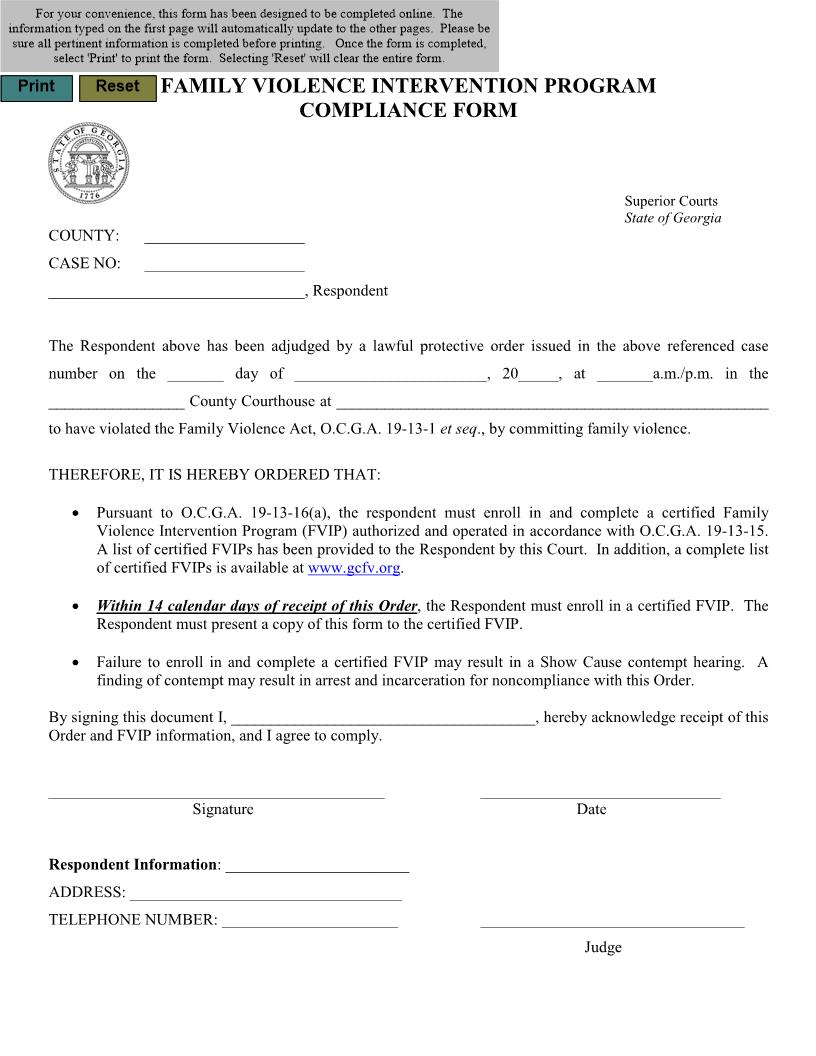 Family Violence Intervention Program Compliance Form | Pdf Fpdf Docx | Georgia