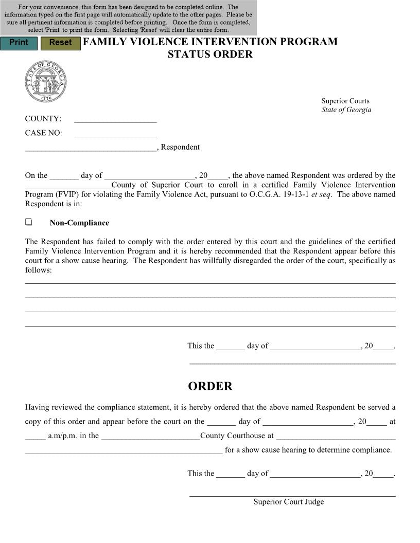 Family Violence Intervention Program Status Order | Pdf Fpdf Docx | Georgia